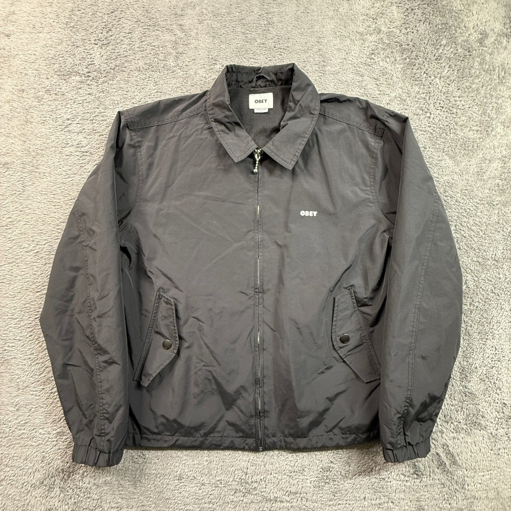 Obey Track Jacket Mens L Black Excellent Zip Up Coach Windbreaker Lined Skate